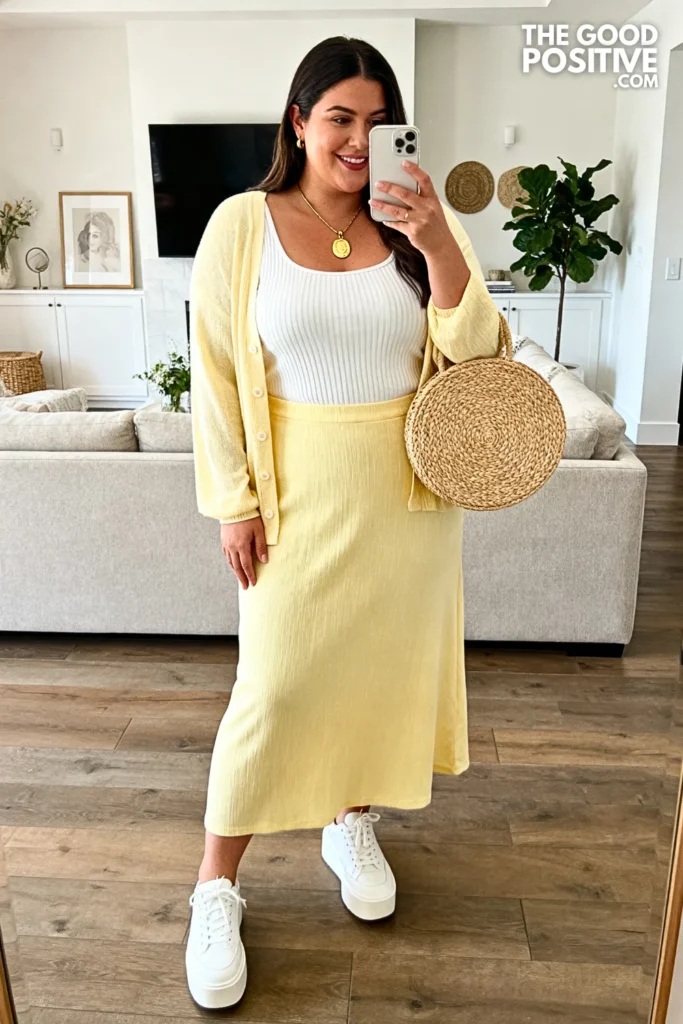 Plus Size Midi Skirt with Matching Cardigan Set Outfit