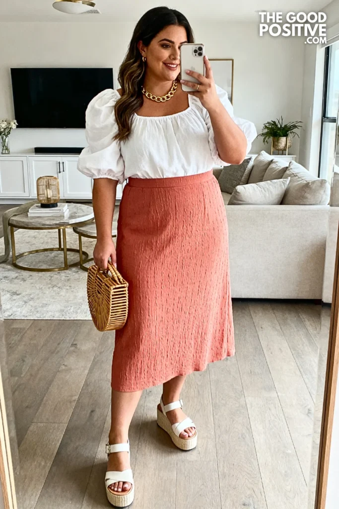 Plus Size Midi Skirt with Puff-Sleeve Blouse Outfit