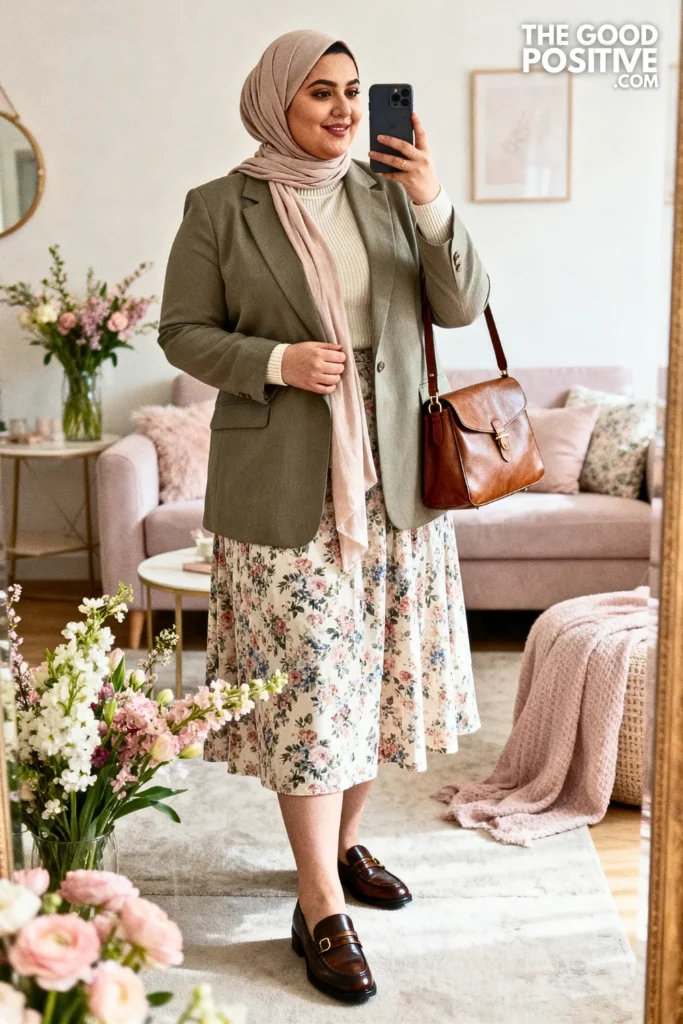 Plus Size Midi Skirt with Turtleneck and Blazer Outfit