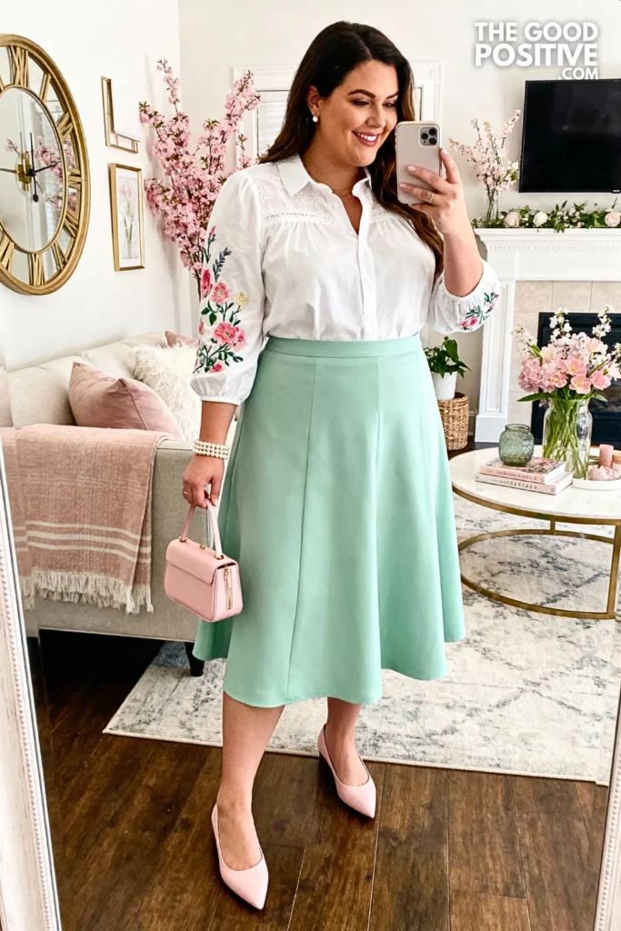 Plus Size Mint Green A-Line Skirt with Embroidered Blouse Outfit
