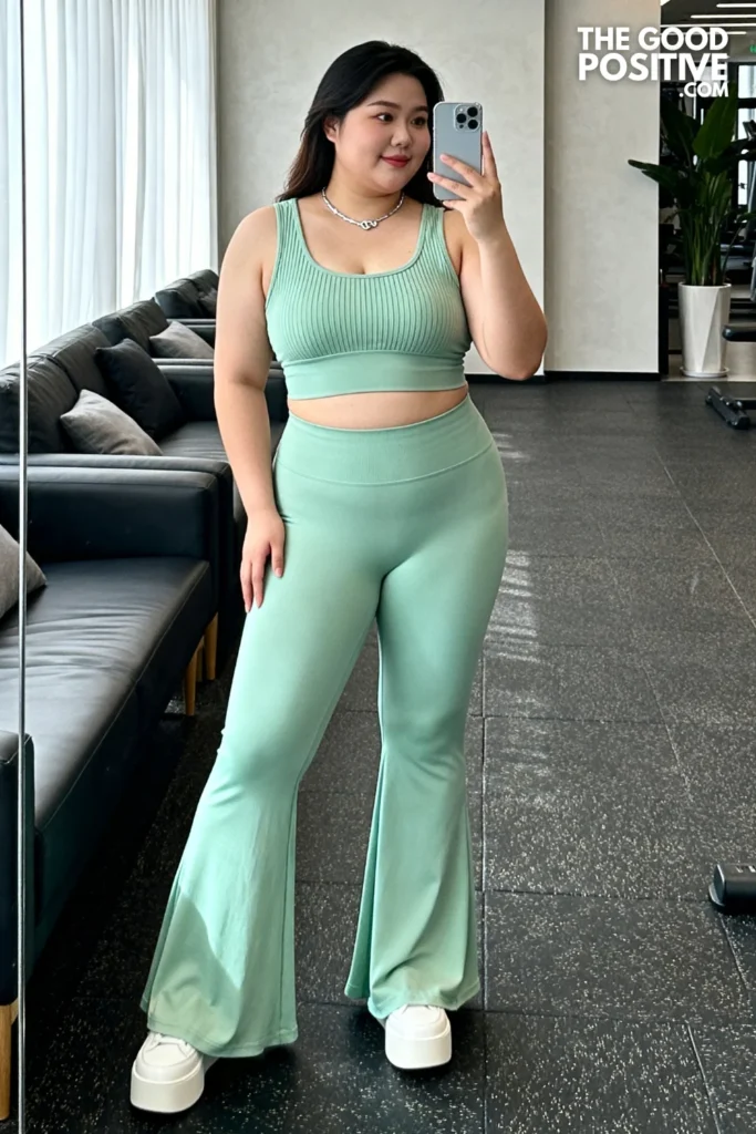 Plus Size Mint Green Flare Yoga Pants & Fitted Tank Top Outfit