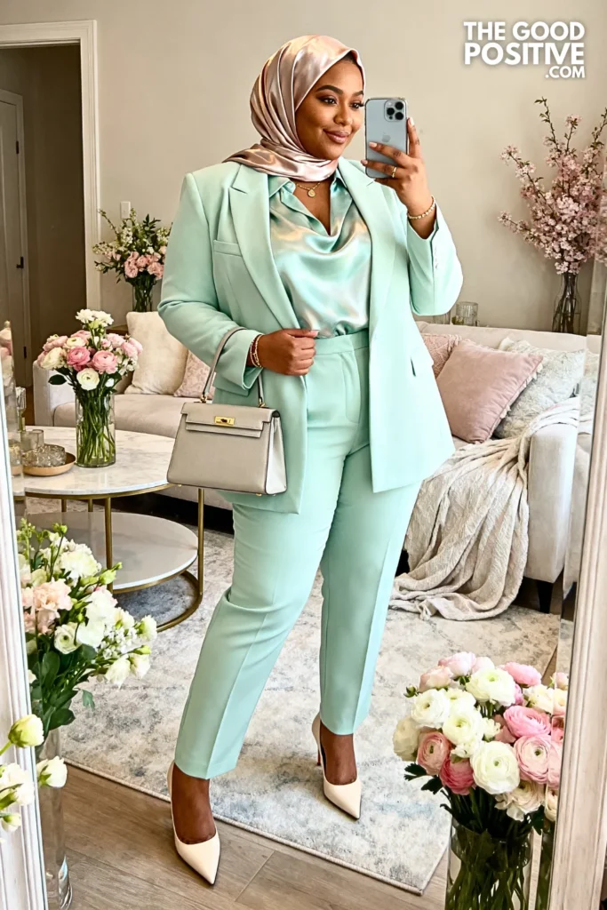 Plus Size Monochrome Suit with Silky Blouse Outfit