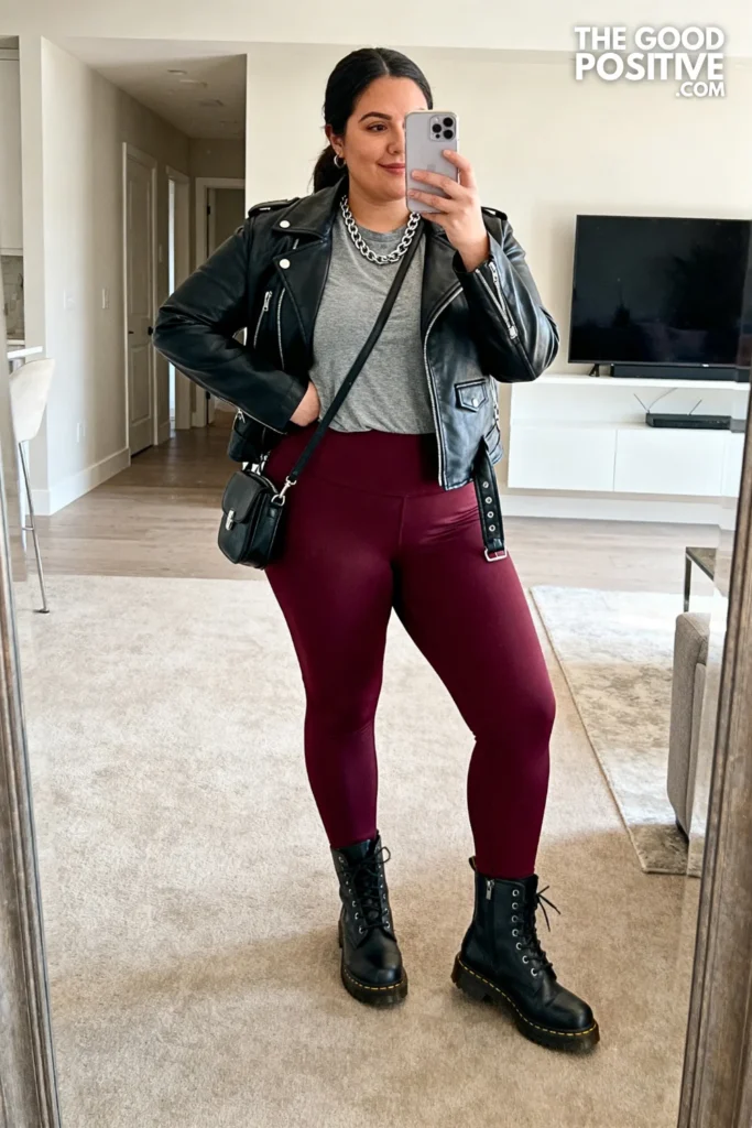 Plus Size Moto Jacket and Colored Leggings Outfit