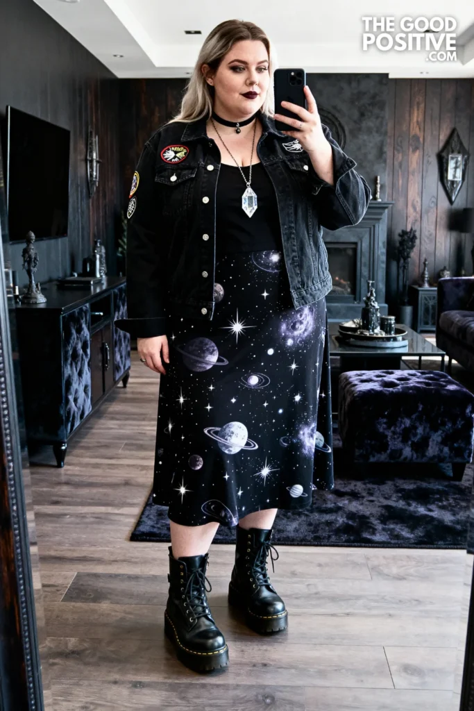 Plus Size Occult Print Dress and Denim Jacket with Pins Outfit