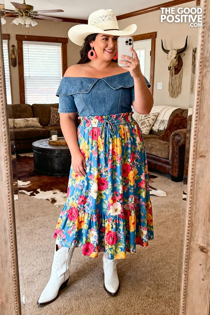 Plus Size Off-Shoulder Denim Top With Floral Maxi Skirt And White Cowgirl Boots Outfit