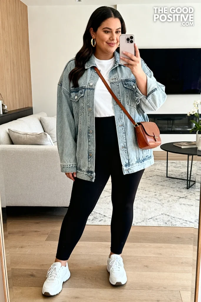 Plus Size Oversized Denim Jacket with Black Leggings Outfit
