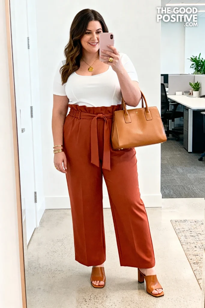 Plus Size Paperbag-Waist Trousers With Tucked Shell Top Conference Outfit