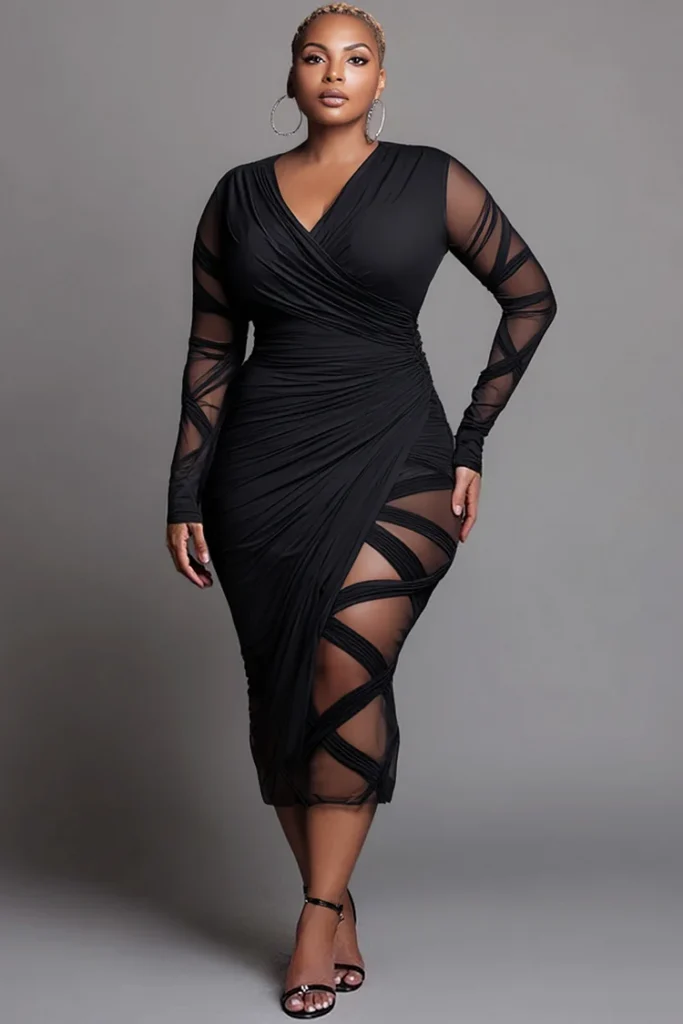 Plus Size Party Black Wrap Neck Long Sleeve Bodycon See Through Midi Dress