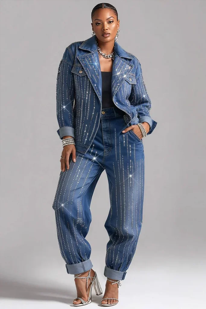 Plus Size Party Blue Turndown Collar Long Sleeve Drilling Elegant Pocket Denim Two Piece Pant Set