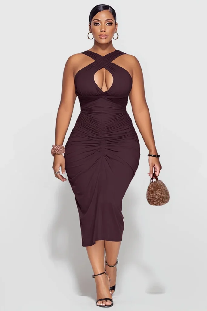 Plus Size Party Brown Halter Collar Cut Out Bodycon Midi Dress