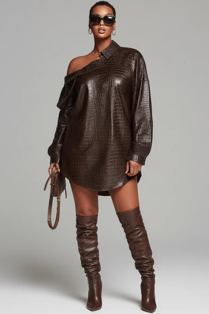 Plus Size Party Brown Oblique Collar Long Sleeve Crocodile Embossed Casual PU Leather Mini Dress