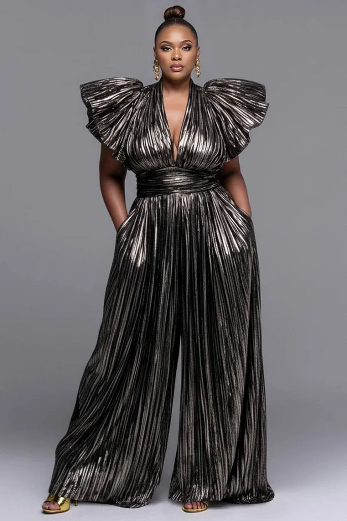 Plus Size Party Grey V Neck Waistcoat Pleated Pocket Glitter Jumpsuit