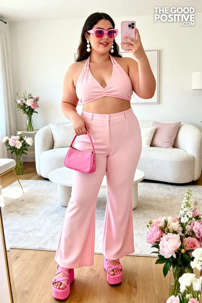 Plus Size Pastel Co-ord Halter Set and Flare Pants Pink Outfit