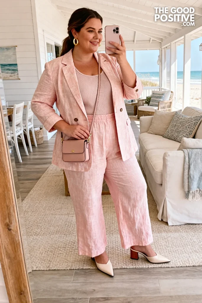 Plus Size Pastel Linen Wide-Leg Pants With Fitted Blazer Brunch Outfit