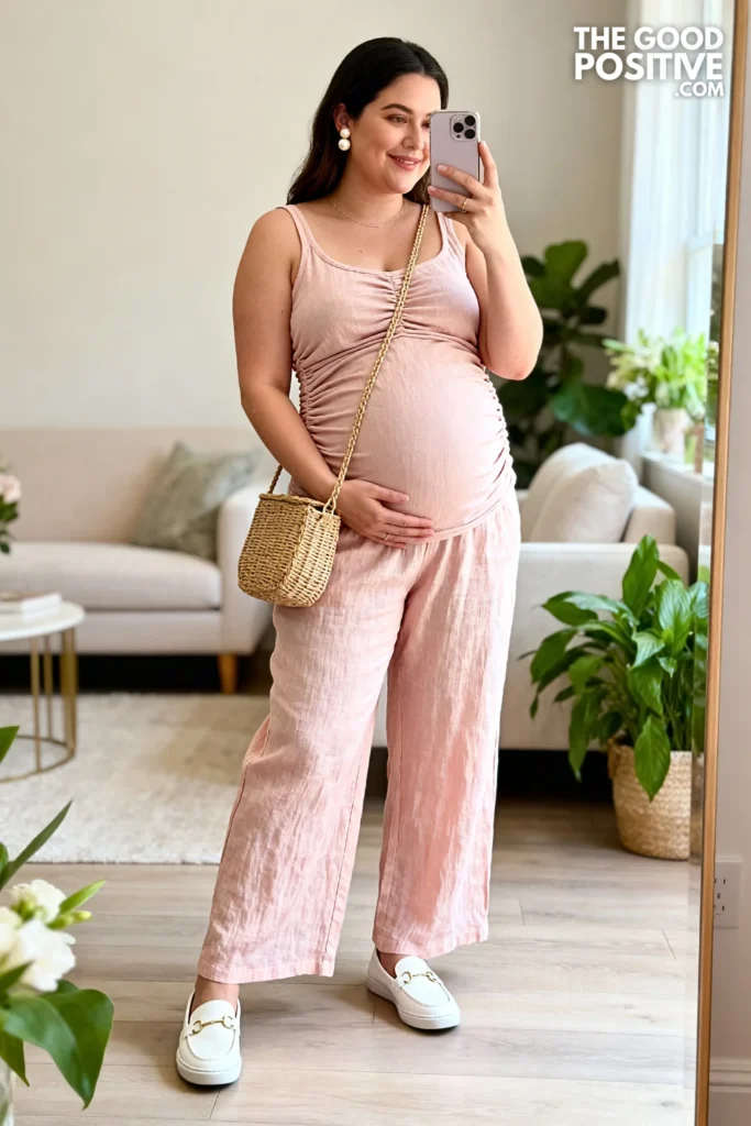 Plus Size Pastel Linen Wide-Leg Trouser and Ruched Tank Outfit