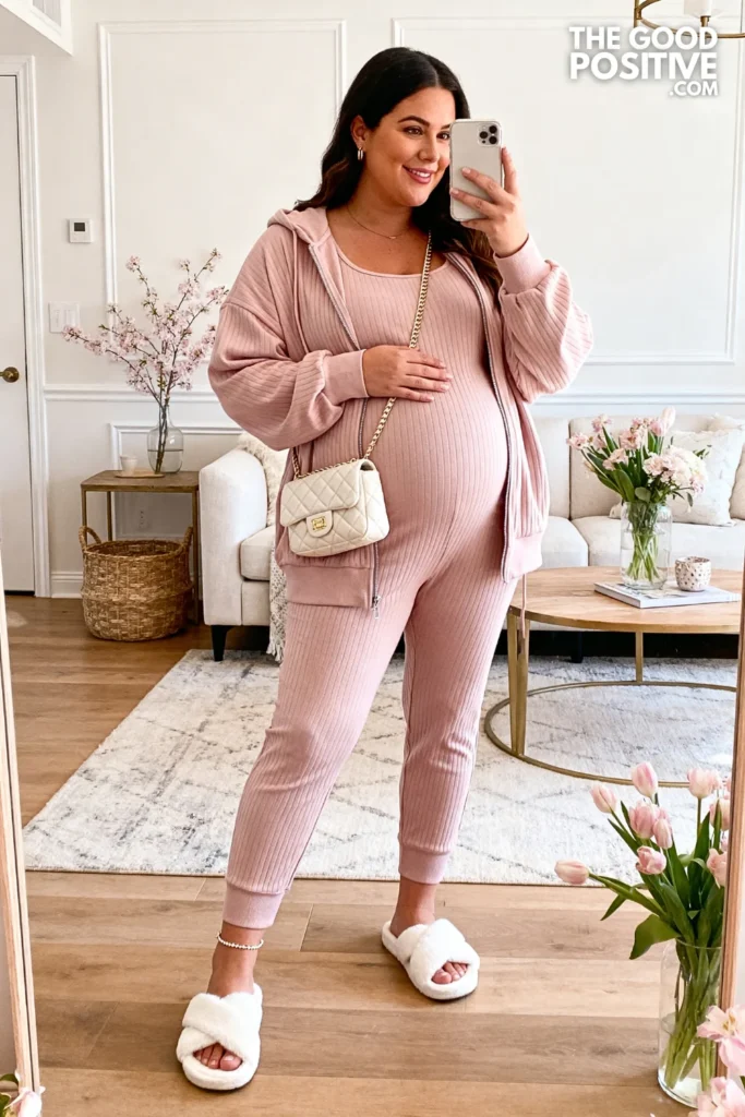 Plus Size Pastel Ribbed Maternity Lounge Set Outfit