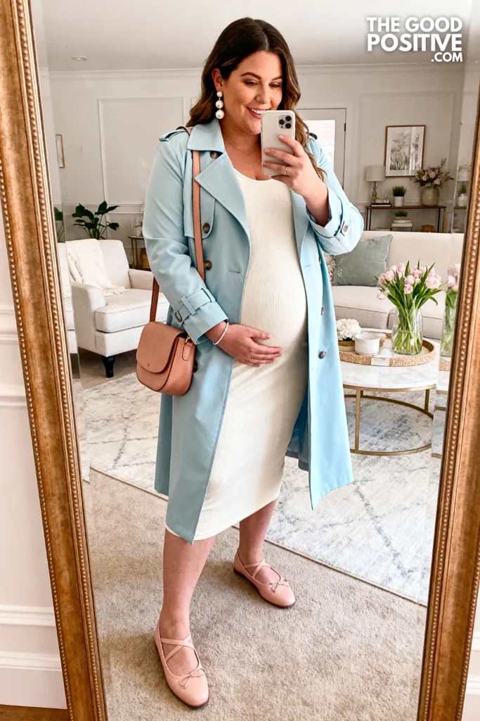 Plus Size Pastel Trench Coat and Bump-Friendly Slip-On Dress Outfit