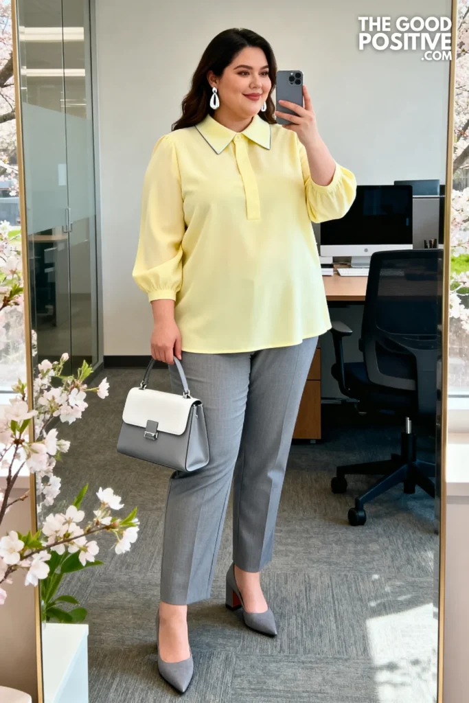 Plus Size Pastel Yellow Structured Top With Tailored Dove Grey Trousers Outfit