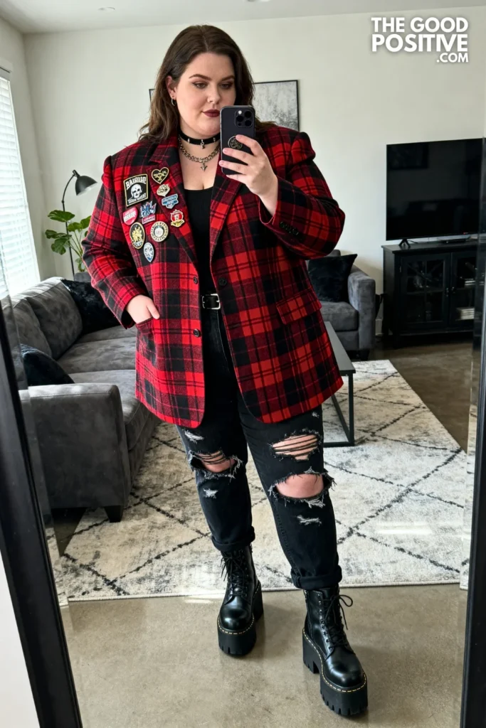 Plus Size Plaid Blazer and Ripped Black Jeans with Chain Details Outfit