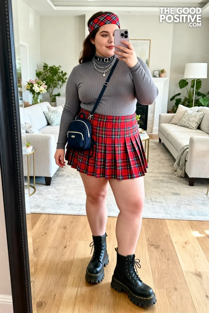 Plus Size Plaid Mini Skirt and Fitted Turtleneck Alt Outfit