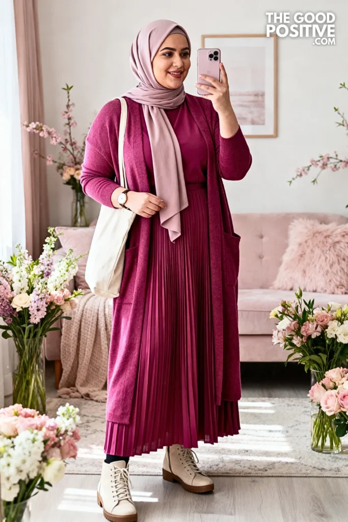 Plus Size Pleated Maxi Dress with Duster Cardigan Outfit