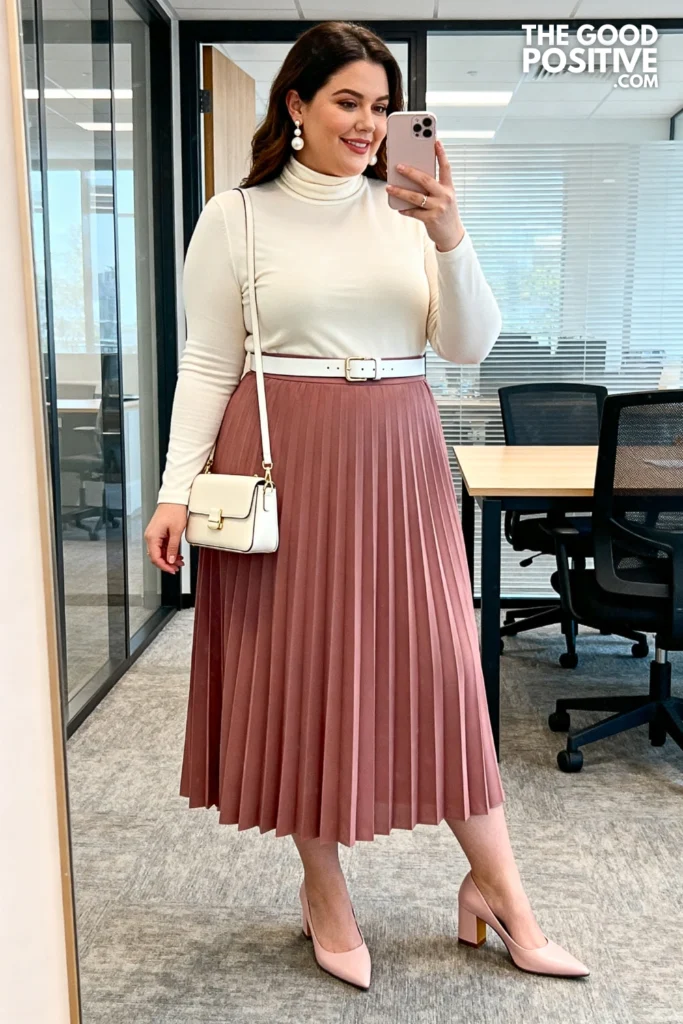 Plus Size Pleated Midi Skirt With Fitted Turtleneck Business Outfit