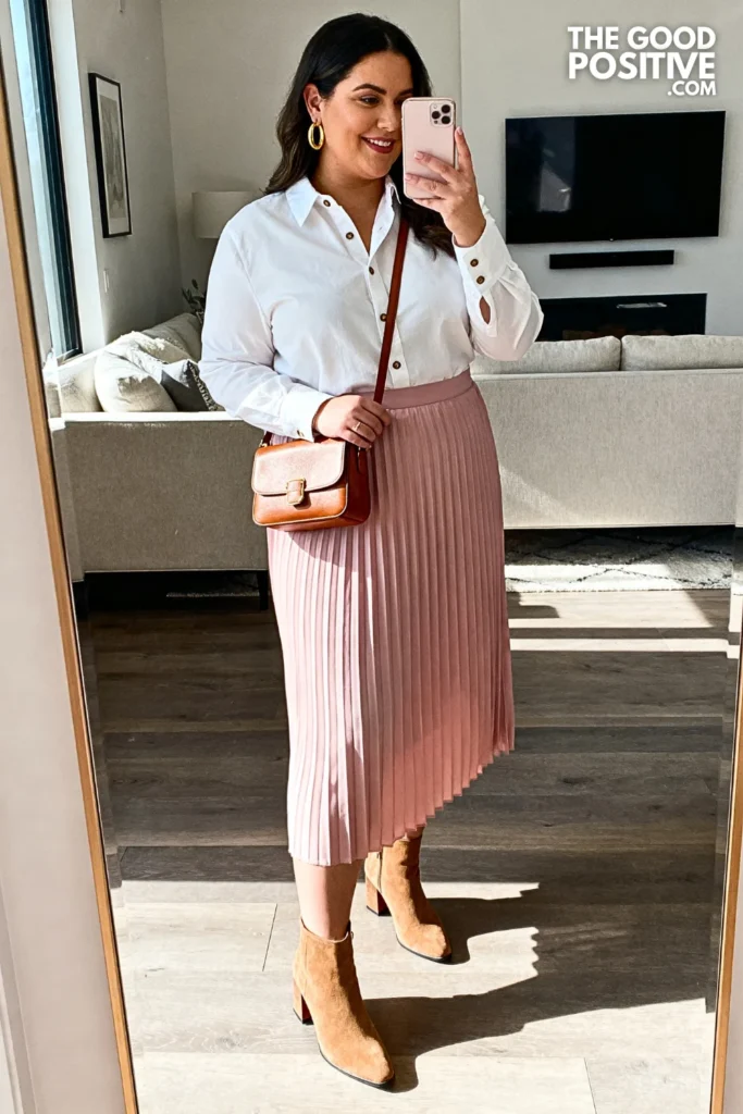 Plus Size Pleated Midi Skirt with Tucked Blouse Outfit