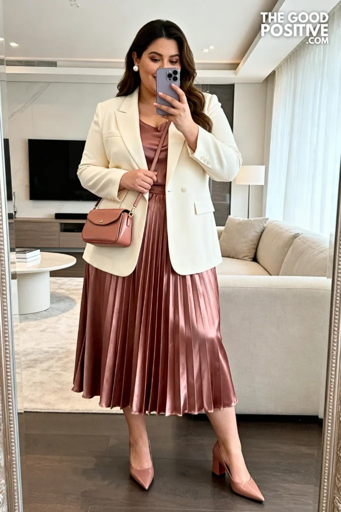 Plus Size Pleated Satin Midi Skirt With Fitted Blazer Outfit
