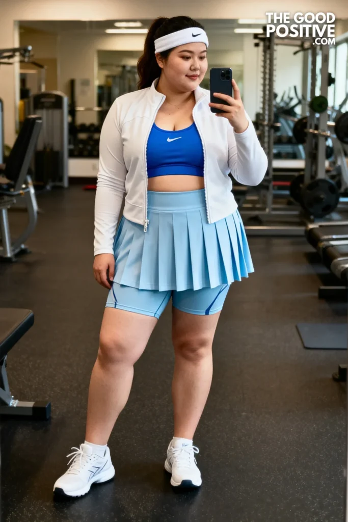Plus Size Powder Blue Tennis Skirt & Fitted Zip-Up Jacket Outfit