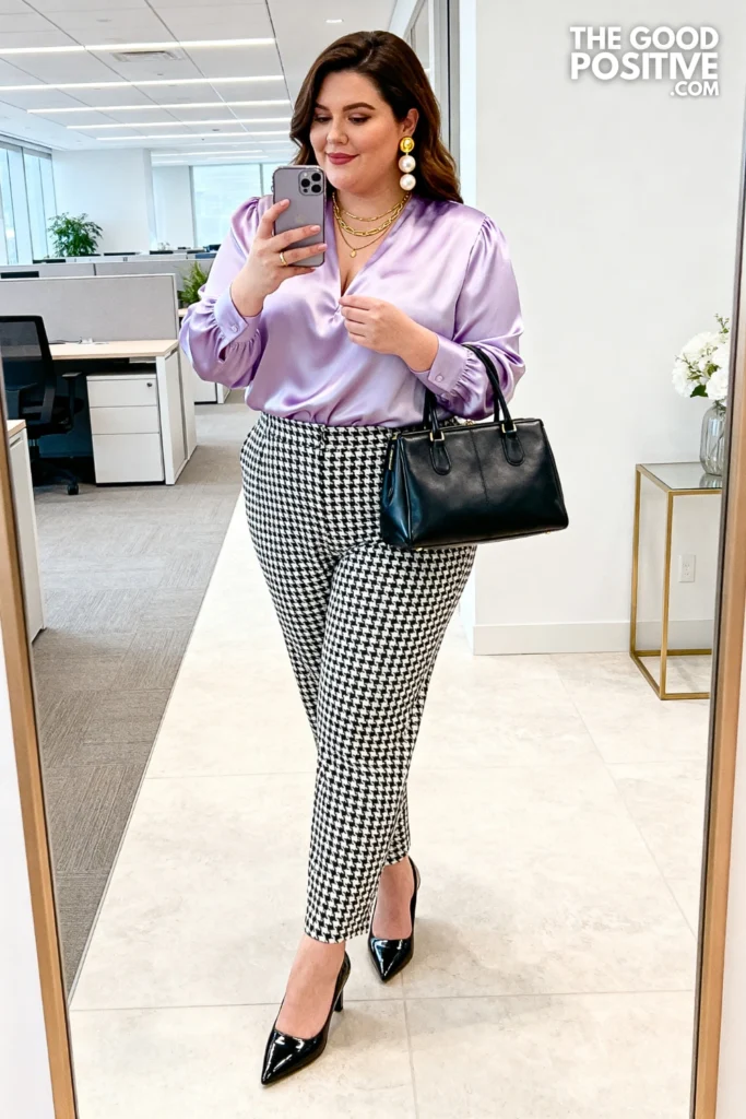 Plus Size Printed Cigarette Pants With Silk Blouse Corporate Outfit