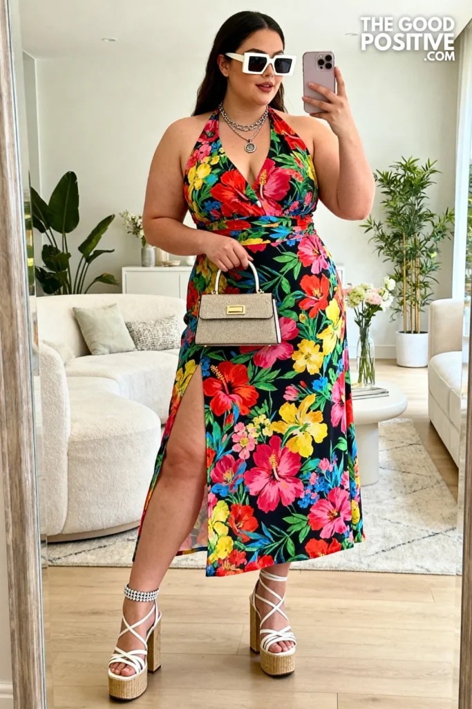 Plus Size Printed Halter Maxi Dress with Slit Black Y2k Outfit