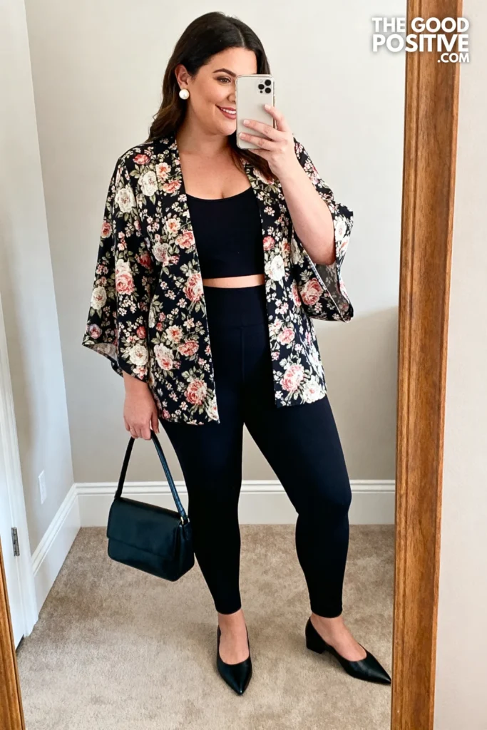 Plus Size Printed Kimono-Style Jacket and Leggings Outfit