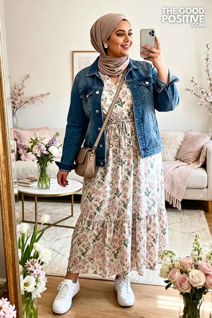 Plus Size Printed Maxi Dress with Jean Jacket Outfit