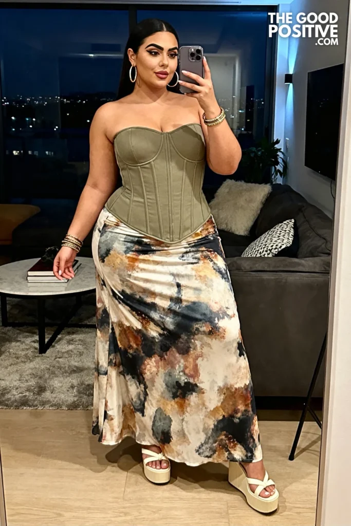 Plus Size Printed Maxi Skirt and Corset Top Outfit