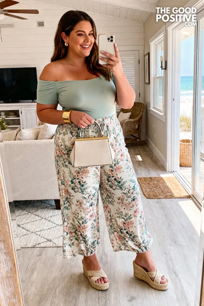 Plus Size Printed Palazzo Pants With Off-Shoulder Bodysuit Classy Spring Outfit