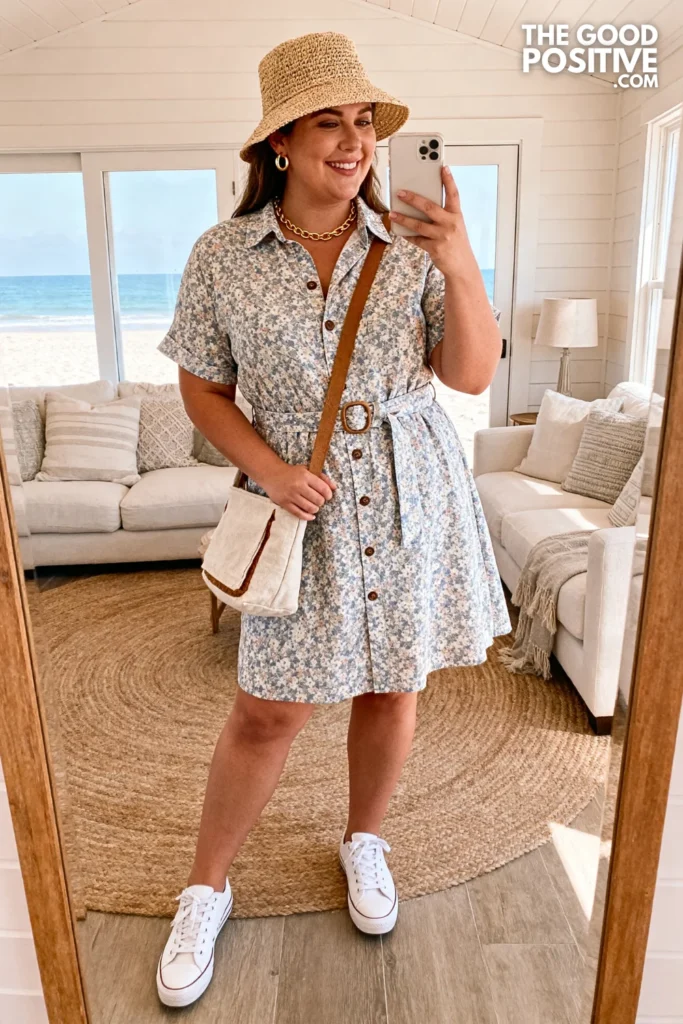 Plus Size Printed Shirt Dress With Rolled Sleeves Casual Holiday Outfit