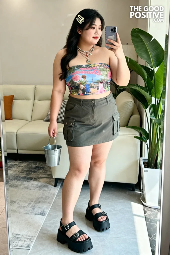 Plus Size Printed Tube Top and High-Waist Cargo Skirt Alt Outfit