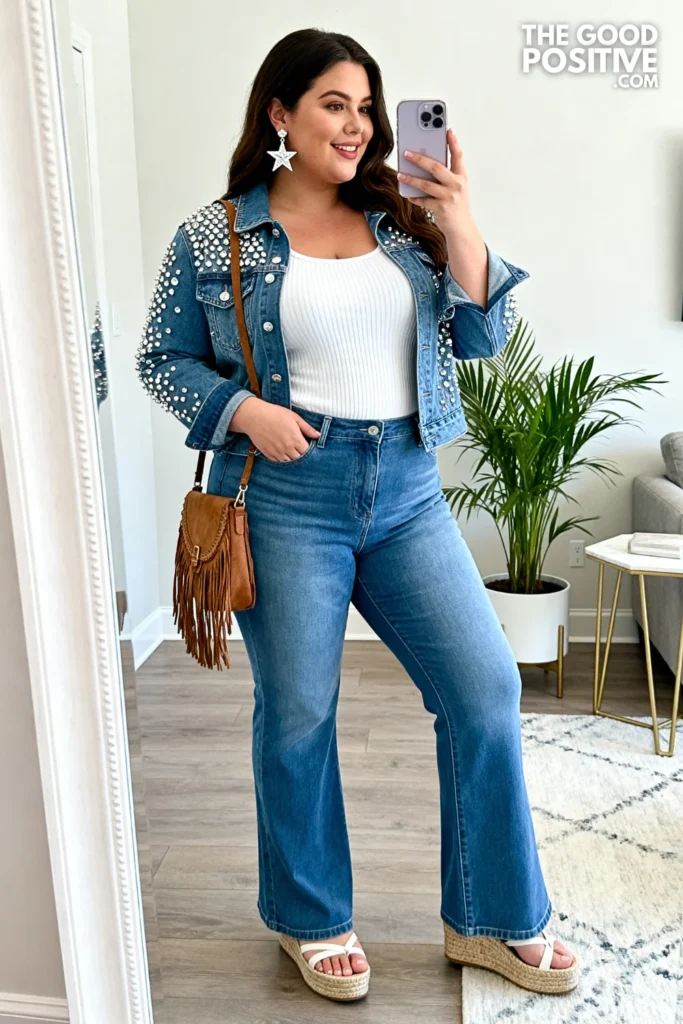 Plus Size Rhinestone Embellished Denim Jacket and Flare Jeans Festival Outfit