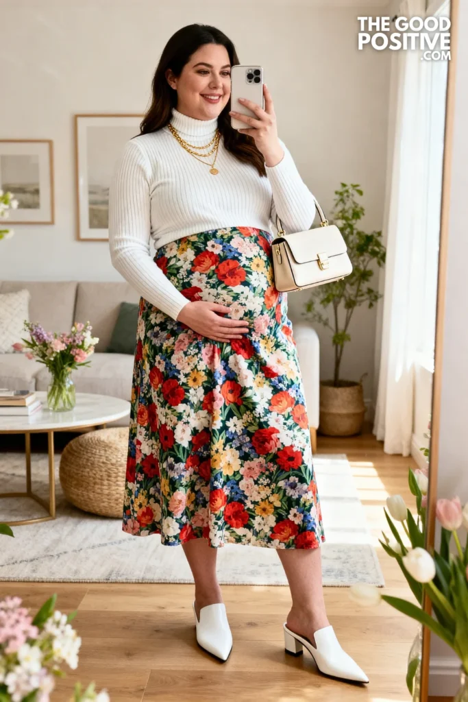 Plus Size Ribbed Turtleneck and Floral Midi Skirt Outfit