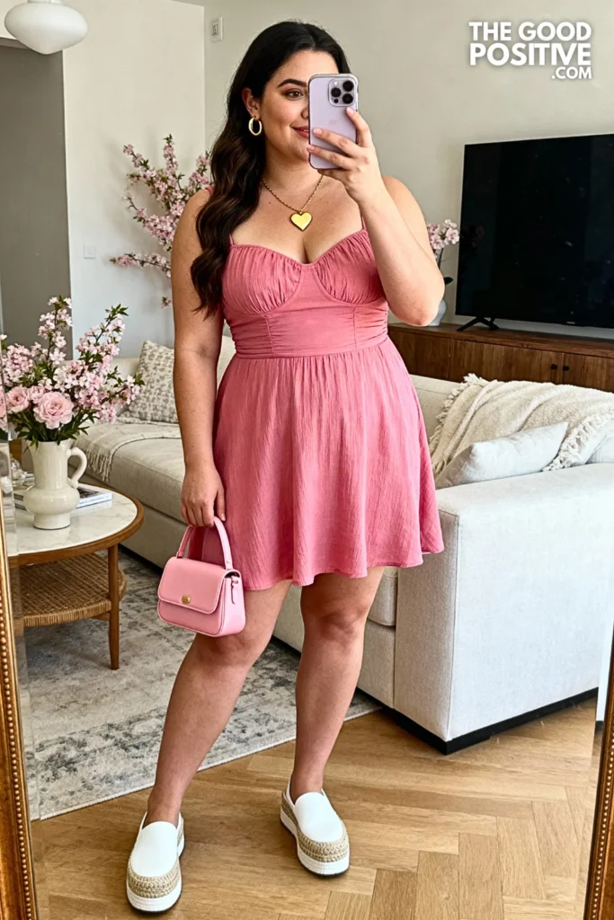 Plus Size Rose Pink Sweetheart Neckline Sundress Outfit