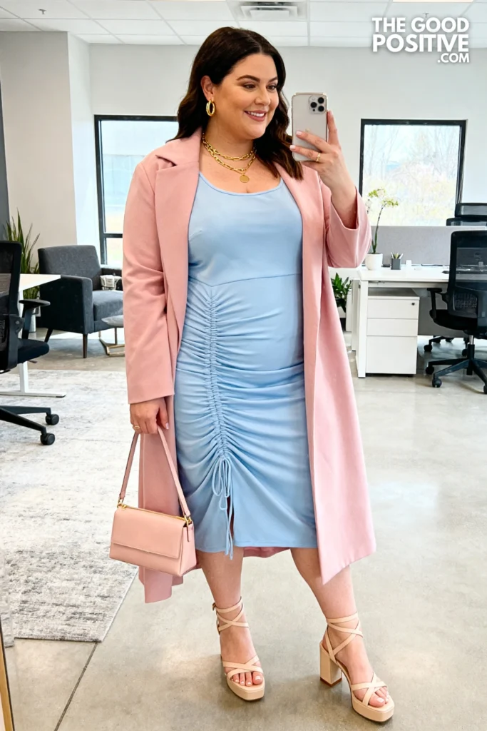 Plus Size Ruched-Side Midi Dress With Fitted Duster Coat Spring Work Outfit
