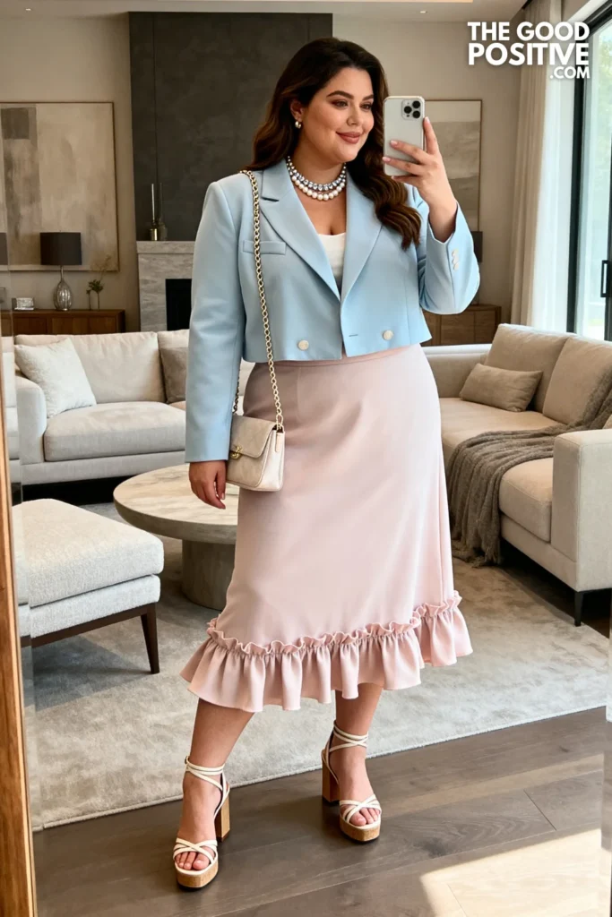 Plus Size Ruffle-Hem Midi Skirt With Structured Crop Jacket Outfit