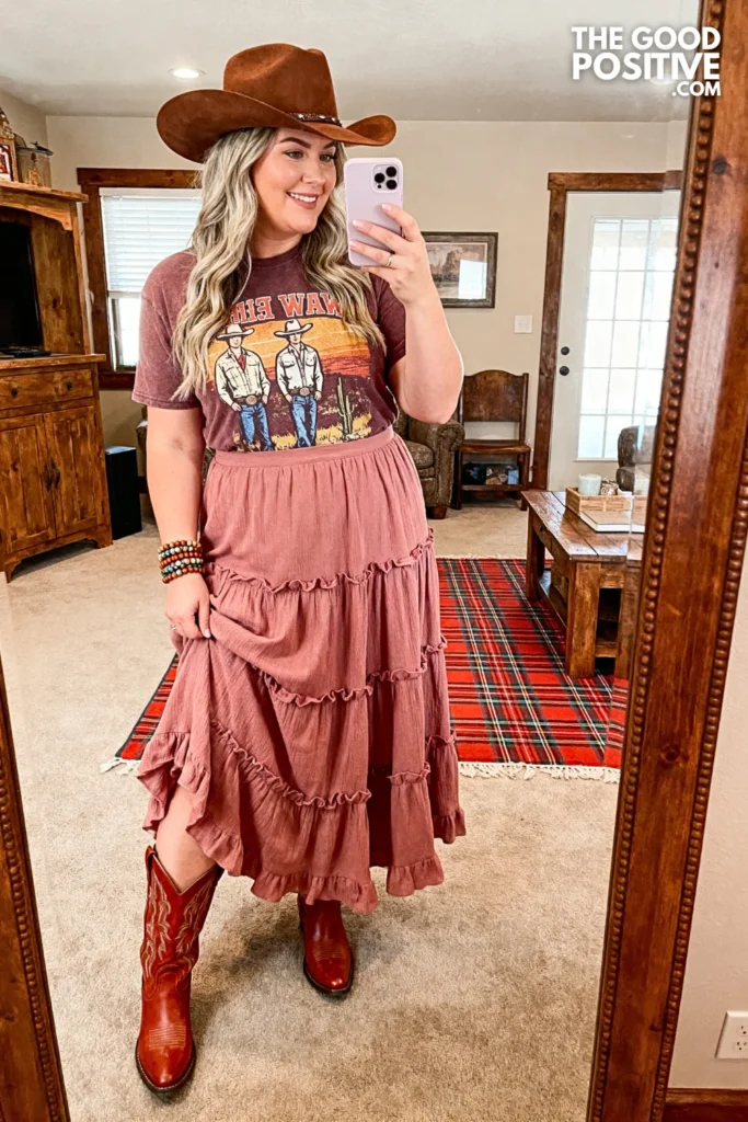 Plus Size Ruffled Tiered Skirt With Fitted Western Graphic Tee And Rust Cowgirl Boots Outfit