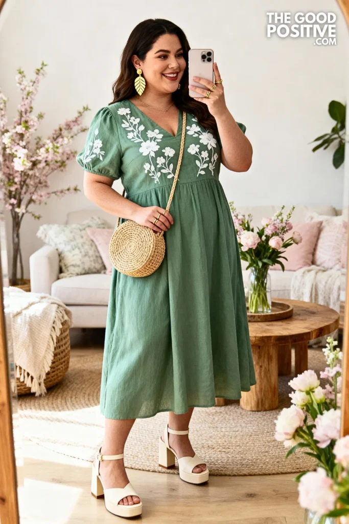 Plus Size Sage Green Embroidered Midi Dress Outfit