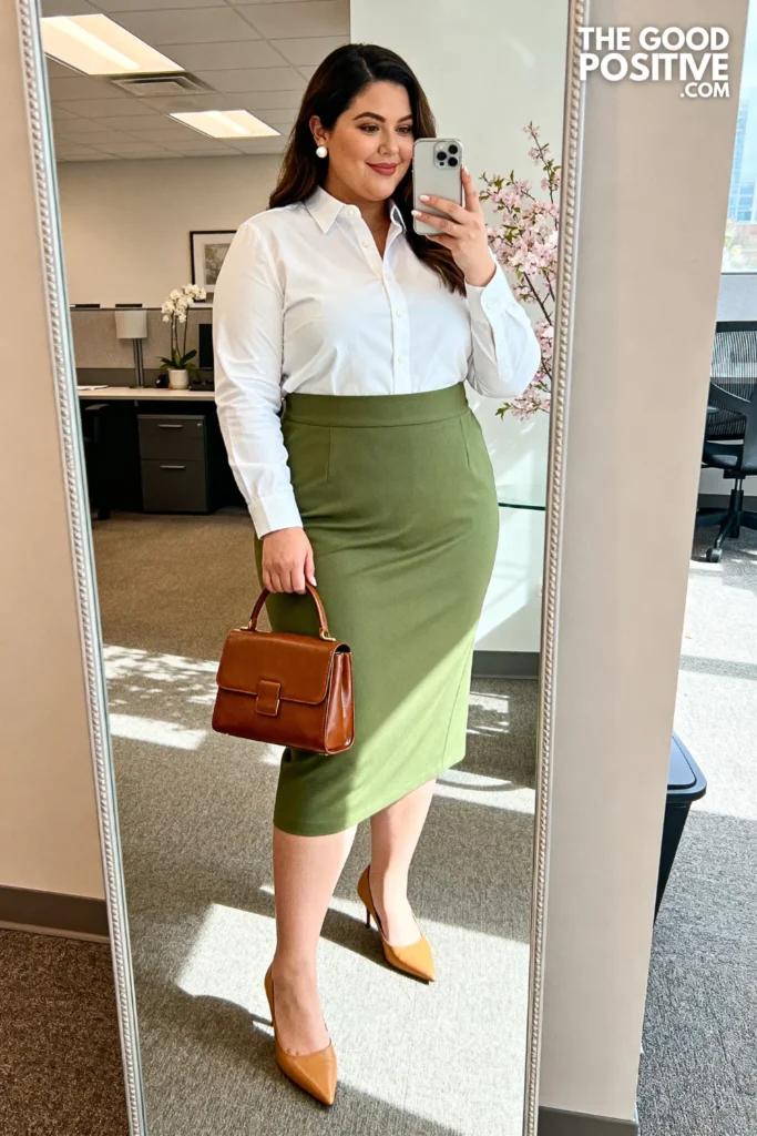 Plus Size Sage Green Midi Pencil Skirt With Crisp Button-Down Outfit