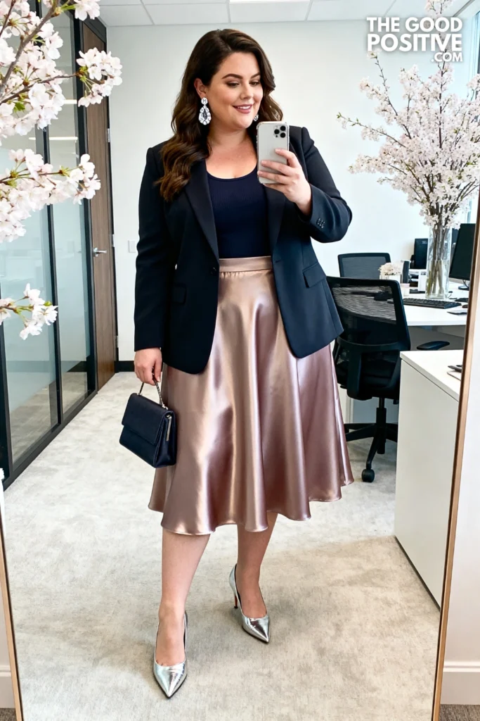 Plus Size Satin A-Line Midi Skirt With Fitted Blazer Work Outfit