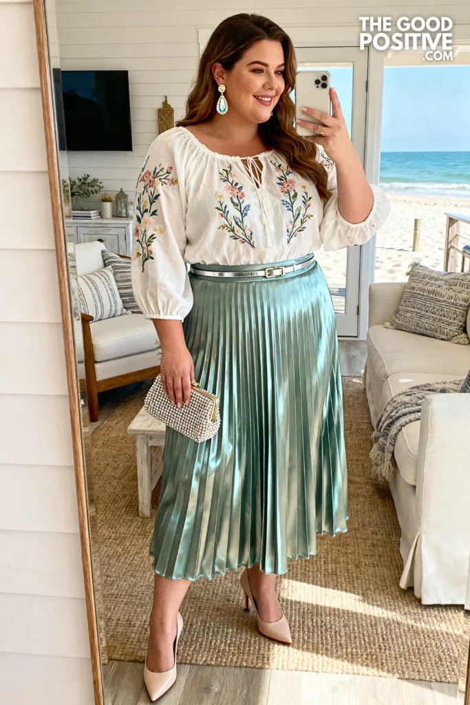 Plus Size Satin Pleated Skirt With Embroidered Blouse Dinner Date Outfit