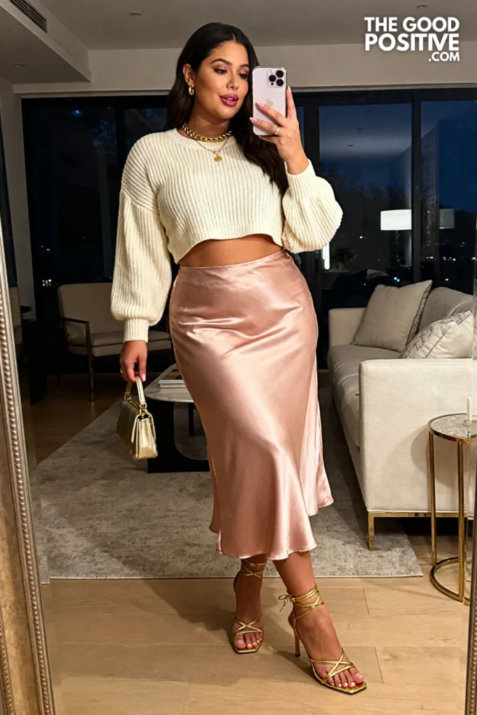 Plus Size Satin Slip Skirt and Cropped Sweater Outfit