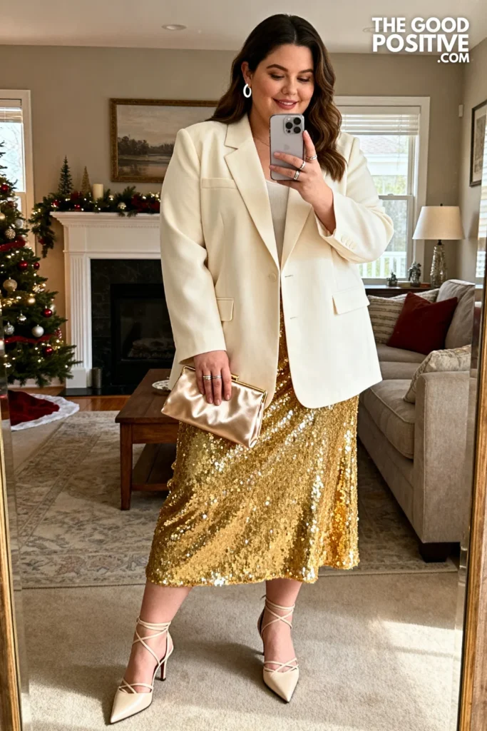 Plus Size Sequin Midi Skirt With Oversized Blazer Evening Party Outfit