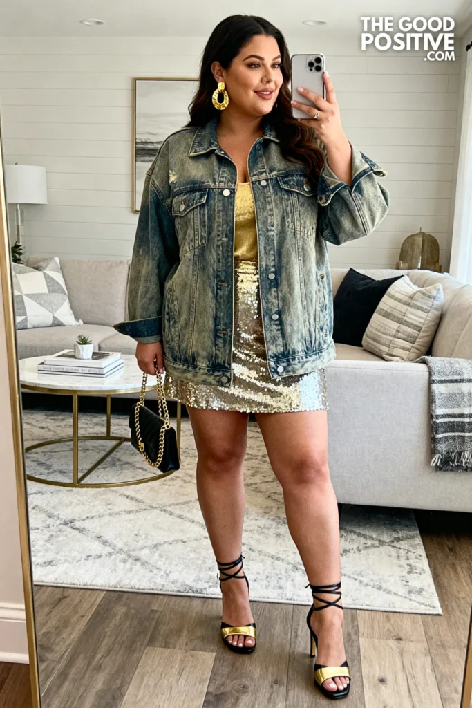 Plus Size Sequin Mini Skirt With Oversized Denim Jacket Outfit